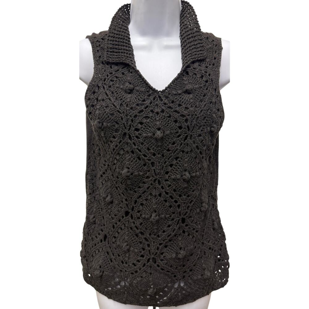 VTG 90's Knit & Pearl By Lauren Brookes SZ M Crochet Black Sleeveless Top FLAW